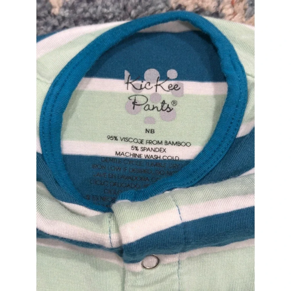KicKee Pants Convertible Gown Romper Newborn Blue Green Striped EUC